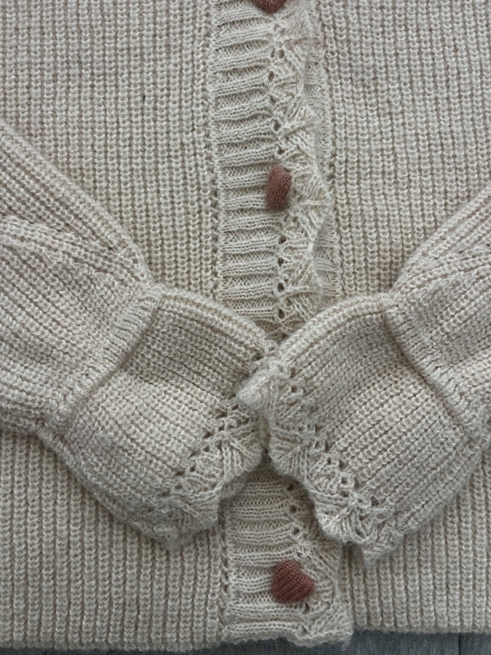 Vintage-Inspired Cream Knit Cardigan with Decorative Collar and heart buttons - Picture 3 of 7